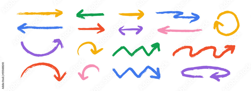 Poster hand drawn crayon arrow collection. color curved, zig zag and straight doodle arrows set. charcoal s