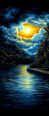 Painting of a river with a sun in the sky. The sun is reflected in the water, creating a serene and peaceful atmosphere