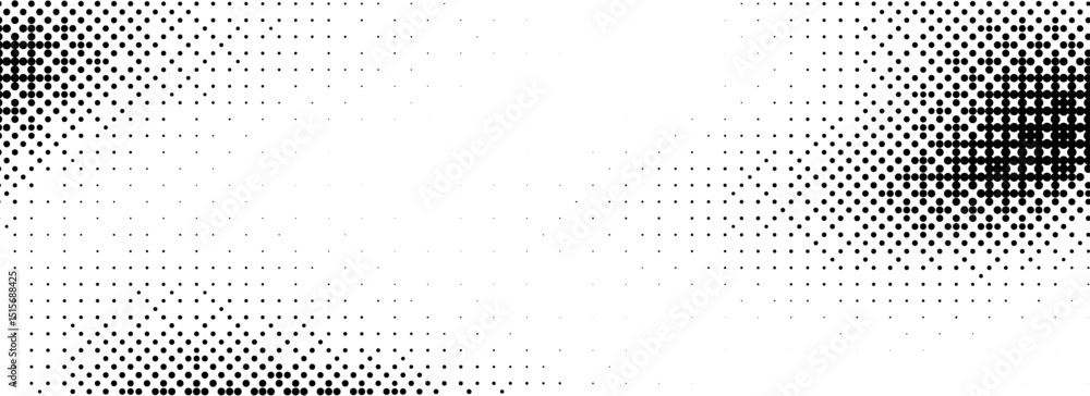 Poster Pixelated bitmap texture. Black dither pattern wallpaper. Abstract glitch gradient pattern. 8 bit video game background. Wide raster screen backdrop. Vector halftone pixel art illustration 