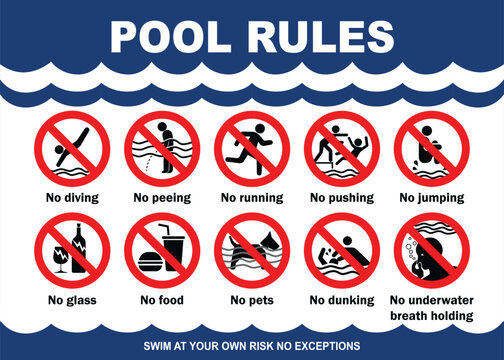 Swimming pool rules danger warning sign. Prohibited actions in swimming pool with blue and white colors combination