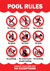 Swimming pool rules danger warning sign. Prohibited actions in swimming pool with red and white colors combination