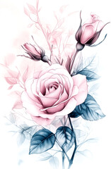 Line art drawing of white roses, light gray background, bokeh effect, clipart with space for text in the center