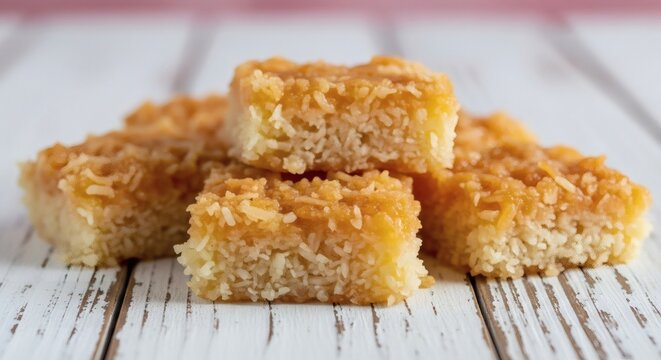 A close up of coconut bars stacked on a white wooden surface with a blurred background scene view cocada