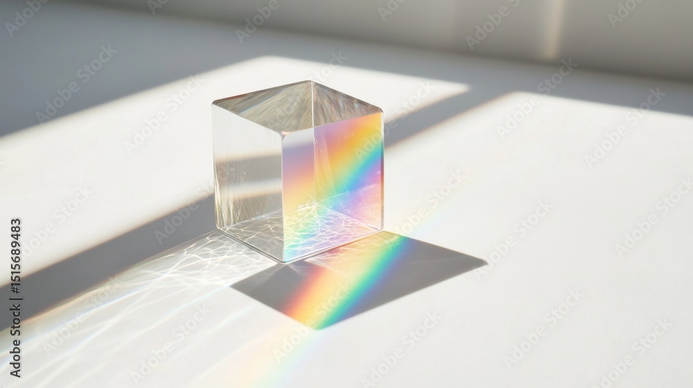 Poster a close-up of a prism creating a mini rainbow on a white surface, surrounded by soft shadows for a m