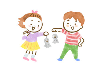 笑顔でてるてる坊主を見せ合う男の子と女の子のイラスト