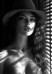 Woman with a black hat and long hair is standing in front of a window. The image has a moody and mysterious feel to it, as the woman's face is partially obscured by the window blinds