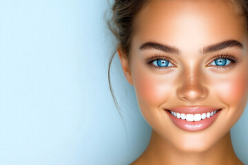 Woman with blue eyes and a smile on her face. She has a light brown hair and is wearing makeup
