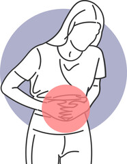Illustration of bent over woman with severe abdominal pain highlighted in minimalist vector style
