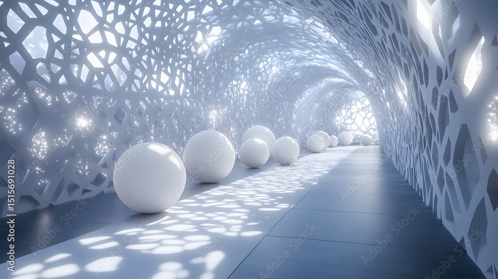 Poster a futuristic tunnel with a patterned facade.