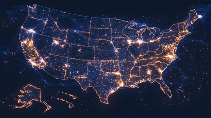 Glowing digital map of United States shows national transmission network, highlighting major cities and connections