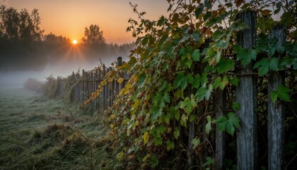 Sunrise over a misty field with a wooden fence and green vines in the foreground
