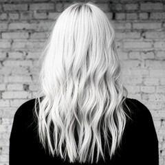 Long wavy white hair of a woman against a textured brick wall in black and white