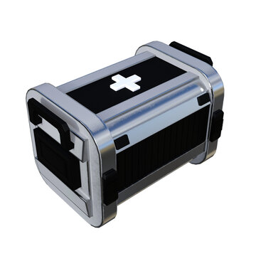Futuristic Metallic Medical Supply Crate with White Cross Icon on White Background