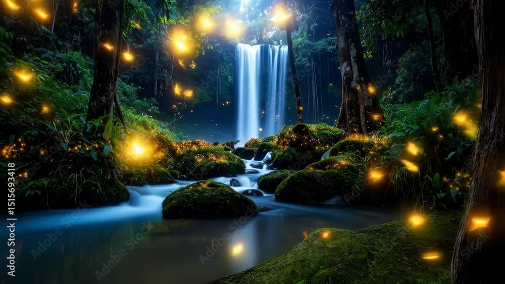 Poster scenic jungle waterfall cascading into stream with mossy rocks and glowing fireflies in a lush fores