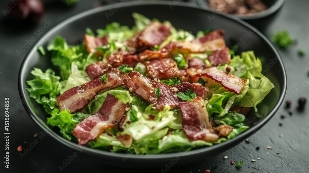 Poster a creative shot of bacon bits sprinkled over a fresh salad, highlighting the contrast between the cr