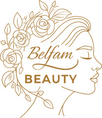 Belfam beauty logo with a woman's profile and floral elements in a minimalist gold line art style
