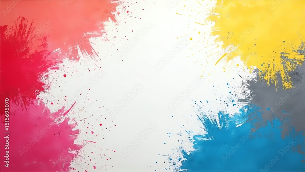 Poster colorful paint splashes creating abstract frame on white background