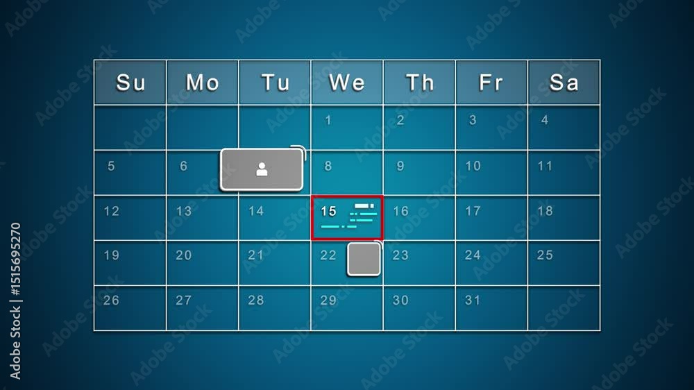 Poster calendar interface with highlighted dates and event icons, looped animation