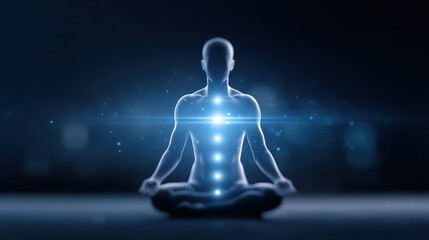 A meditating person with glowing aura radiating from the body, symbolizing focus and inner power