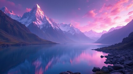 Majestic snowy mountain peaks reflected in a calm lake
