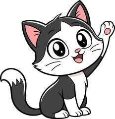 Cute Cartoon Cat Waving Hello with a Friendly Expression and Big Eyes