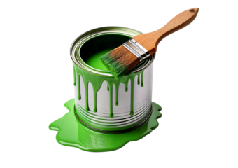 An open paint can and brush with Green paint dripping, isolated on transparent or white background