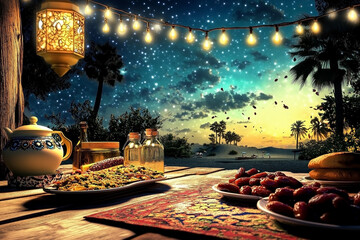 Table with food and a lantern on it. The lantern is lit and the table is set for a meal