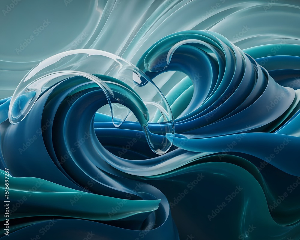 Poster abstract blue fractal art design with flowing lines and a smoky, textured curve pattern for a digita