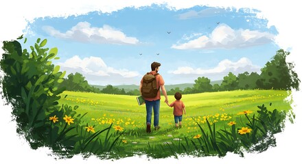 Fototapeta premium Father and Son Walking Through a Meadow of Yellow Flowers on a Sunny Day