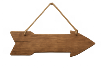 Wooden arrow sign hanging with rope pointing right on transparent background, perfect for adding custom text or graphics