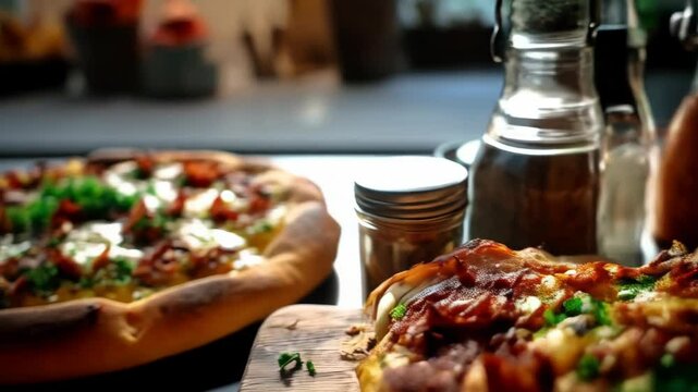 Close-up of cheesy bacon flatbread pizza topped with fresh herbs on a wooden cutting board alongside rustic jars and plant.