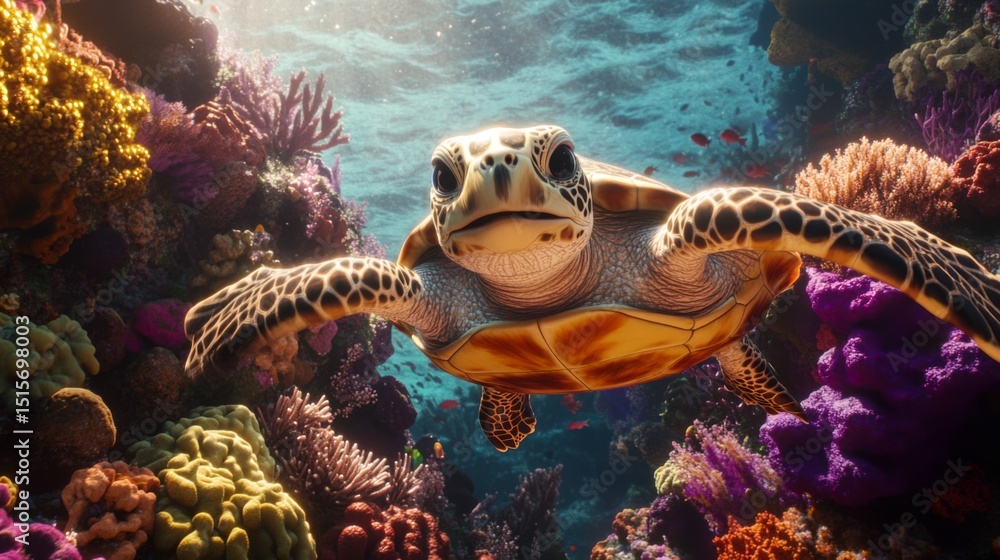 Poster a dramatic underwater shot of a sea turtle navigating through a colorful coral reef, surrounded by v