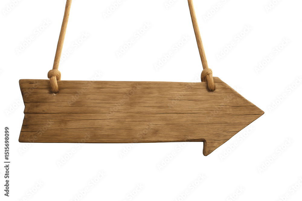 Poster wooden arrow sign hanging on ropes pointing right, with transparent background, ideal for adding tex