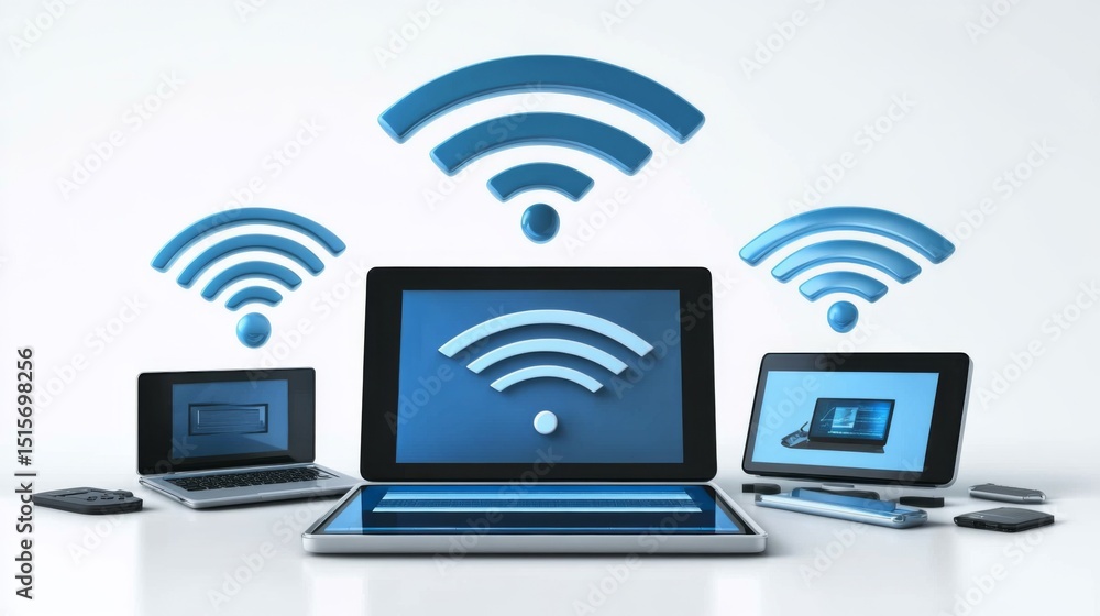Poster A dynamic image of a Wi-Fi network diagram on a digital tablet, with various devices connected, emphasizing the importance of network management.