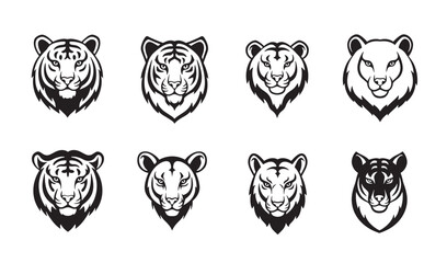 Collection of eight stylized tiger face designs in black and white for various creative uses