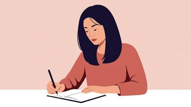 Woman Writing in Notebook, Illustration