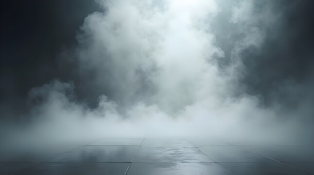 Transparent PNG of a stage floor with white, grey smoke mist and a cutout of the background. Smog accumulating at the bottom, smoke machine, and misty effect