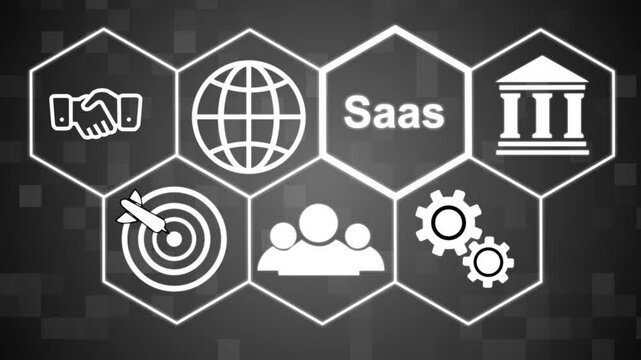 A SaaS concept button on a futuristic computer screen. Hi tech motion graphic background, white flickering dots on dark background .