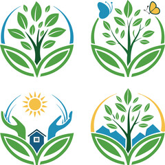 Four nature inspired logos with trees leaves butterflies sun house and mountains in circles