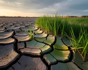 Dry, cracked earth and arid landscapes, where green grass defies drought on beaches, deserts, and lake shores, revealing nature's resilient pattern under the sun