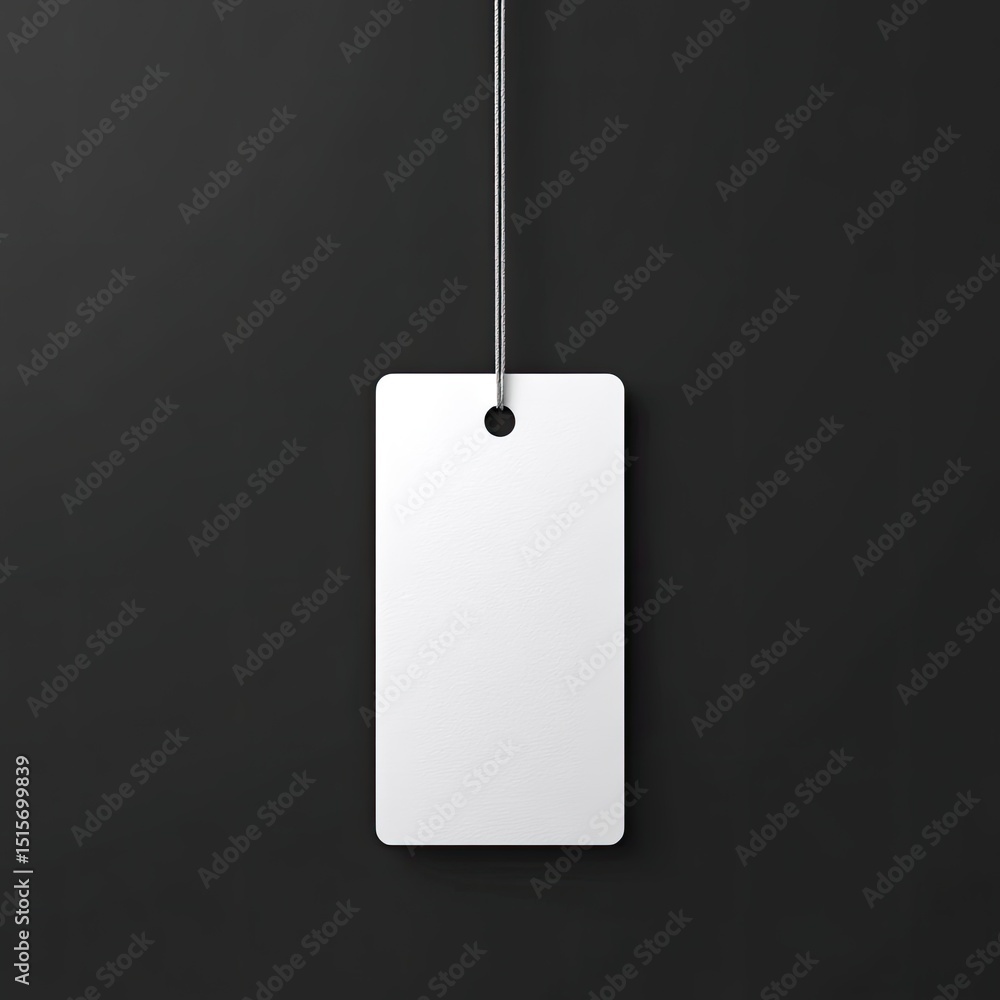 Aufkleber a blank white rectangular tag hangs from a gray string against a dark gray background; simple, minim