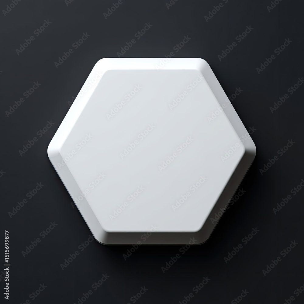 Poster a single, large, white hexagonal button on a dark background. it's smooth, matte, and appears three-