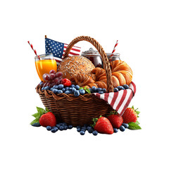 Patrioic Picnic Basket with Fresh Fruit, Bread, and Juice