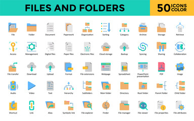 Files and Folders icons set with file, folder, document, paperwork, organization, sorting, category, archive, storage, retrieve icon. Simple flat color  vector 
