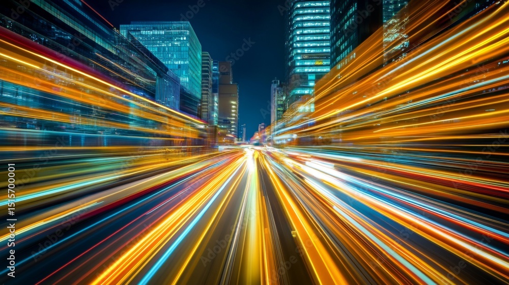 Aufkleber A futuristic cityscape with streaking lights and glowing lines stretching across buildings, symbolizing high-speed light travel within an advanced urban setting