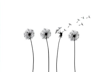 Four dandelion clocks, one releasing seeds in flight against a white background