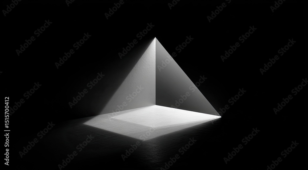 Poster a minimalist monochrome photograph of a luminous triangular prism casting a bright shadow on a dark 
