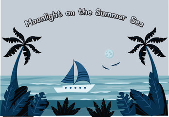 Midnight on the Summer Sea – Peaceful Night Sailing T-Shirt Design with Tropical Vibe
A serene night ocean view with sailboat and palm trees, ideal for calm beach-themed apparel.