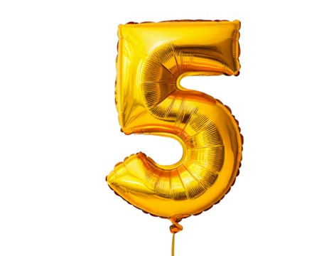 Selective focus on number 5 balloon, isolated on a transparent or white background.