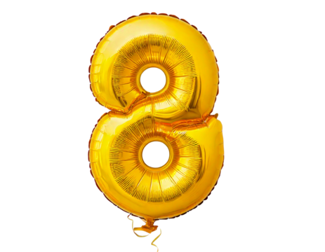 Selective focus on number 8 balloon, isolated on a transparent or white background.